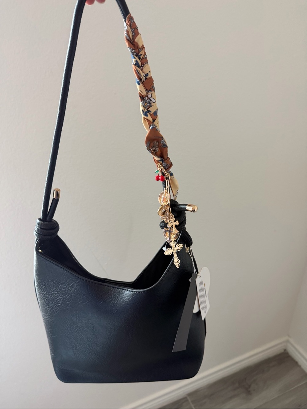 Black Women's Shoulder Bag with Decorative Scarf Handle